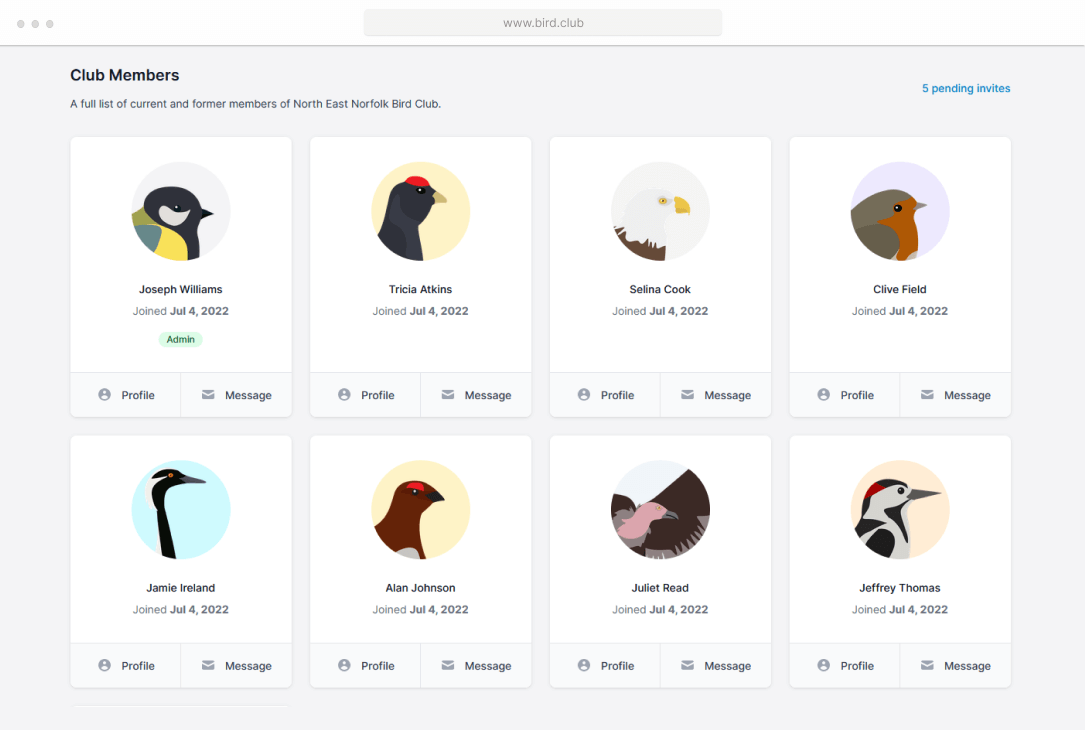 Screenshot of the members page