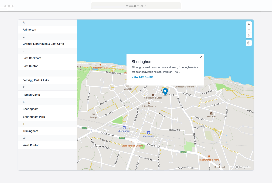 Screenshot of the site guide page